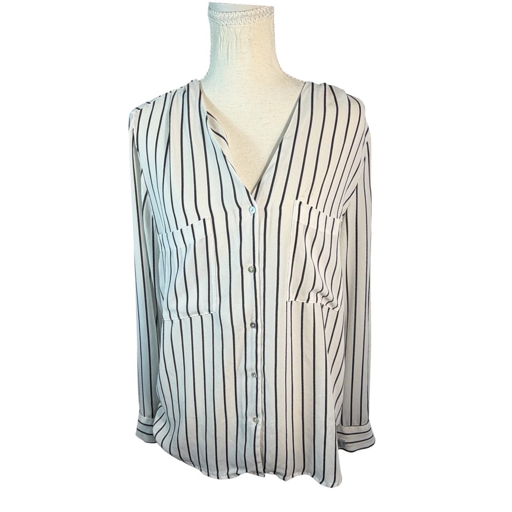 H&M Striped Blouse Womens Size 10 White Black V-Neck Roll Tab Sleeve Button Down - Picture 2 of 14